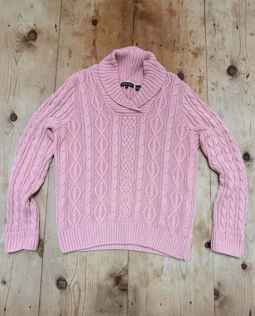 Jeanne Pierre Cable Knit Sweater Pink Cotton Cowl Neck Pullover - Size L